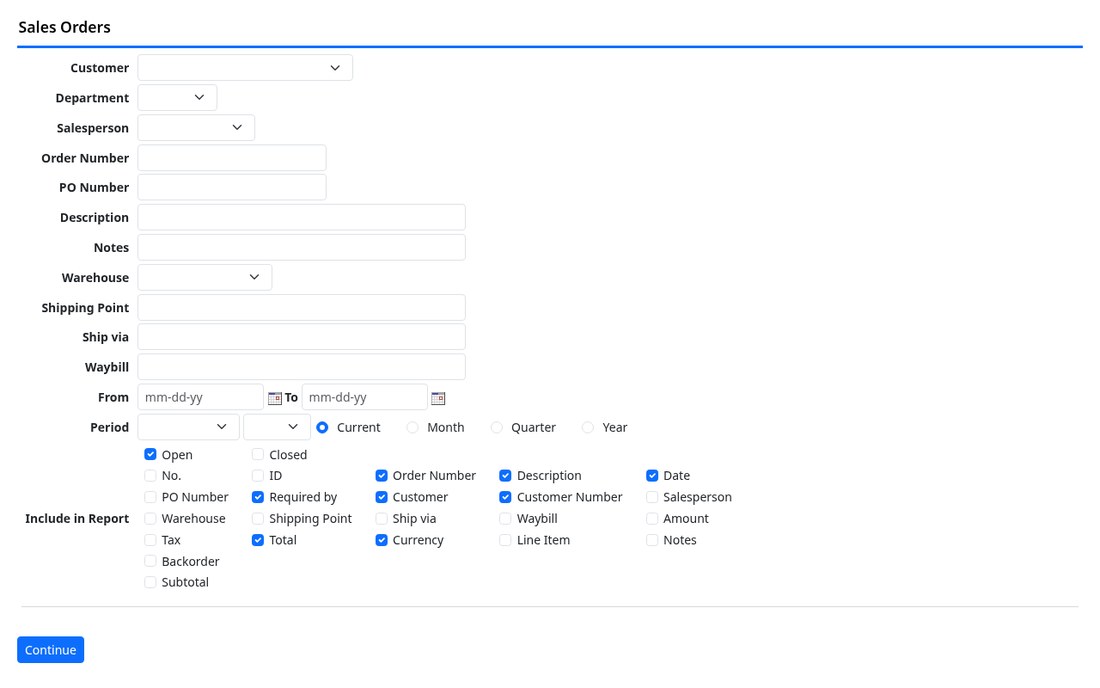 Sales order report screen with filters and columns