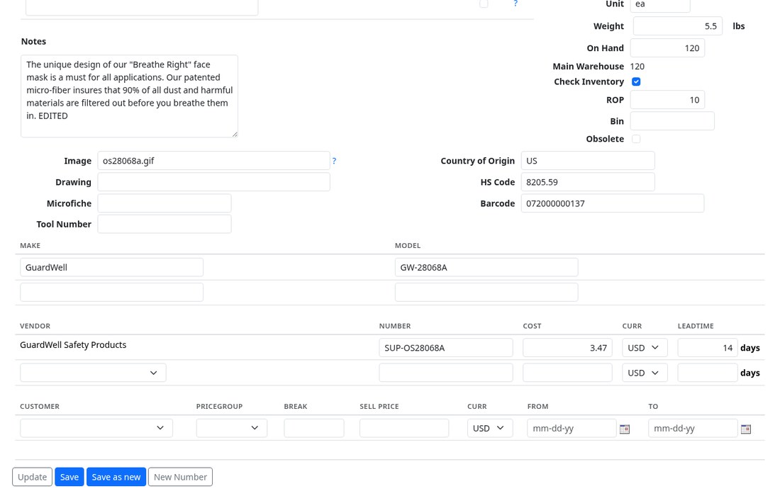 The vendor and customer pricing sections of a part record
