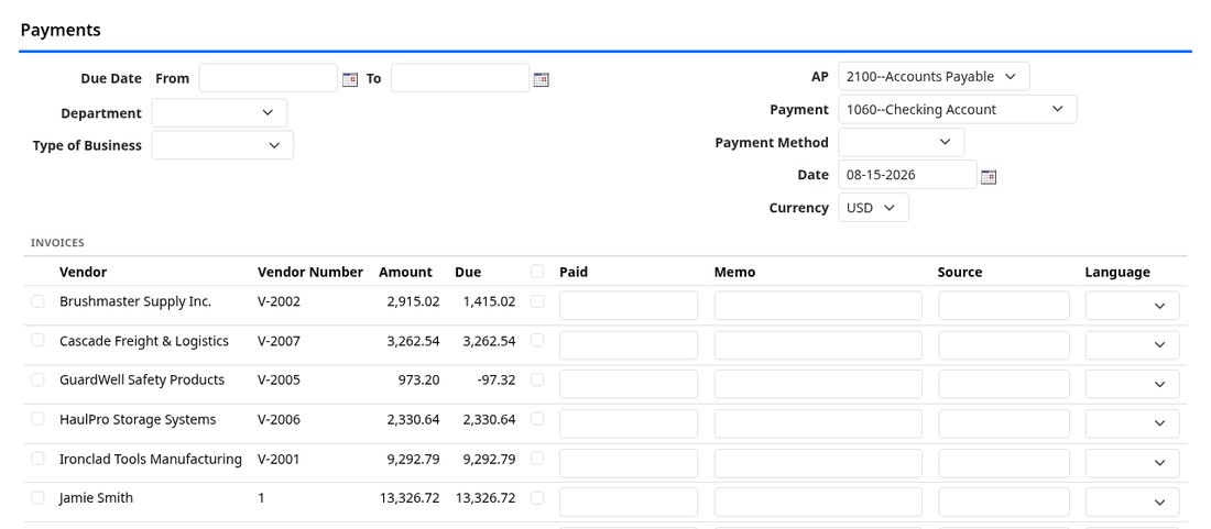 The batch payments screen listing every vendor with a balance