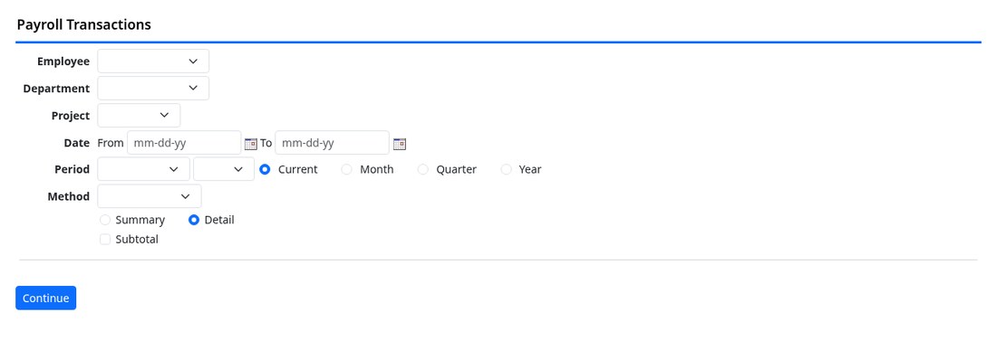 The payroll report filter screen