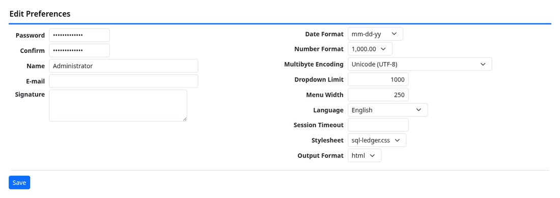 User preferences screen