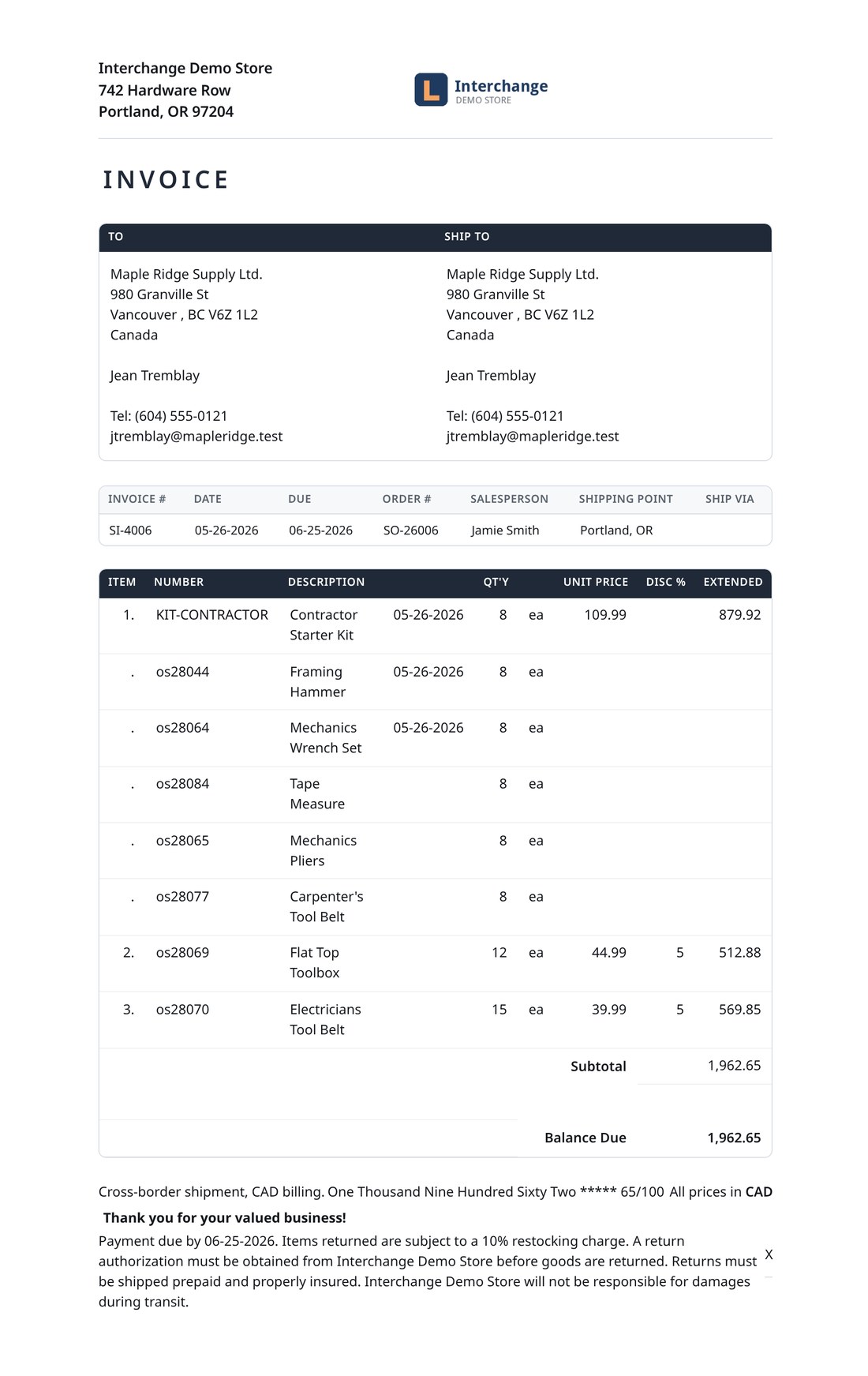 A printed sales invoice with kit components expanded
