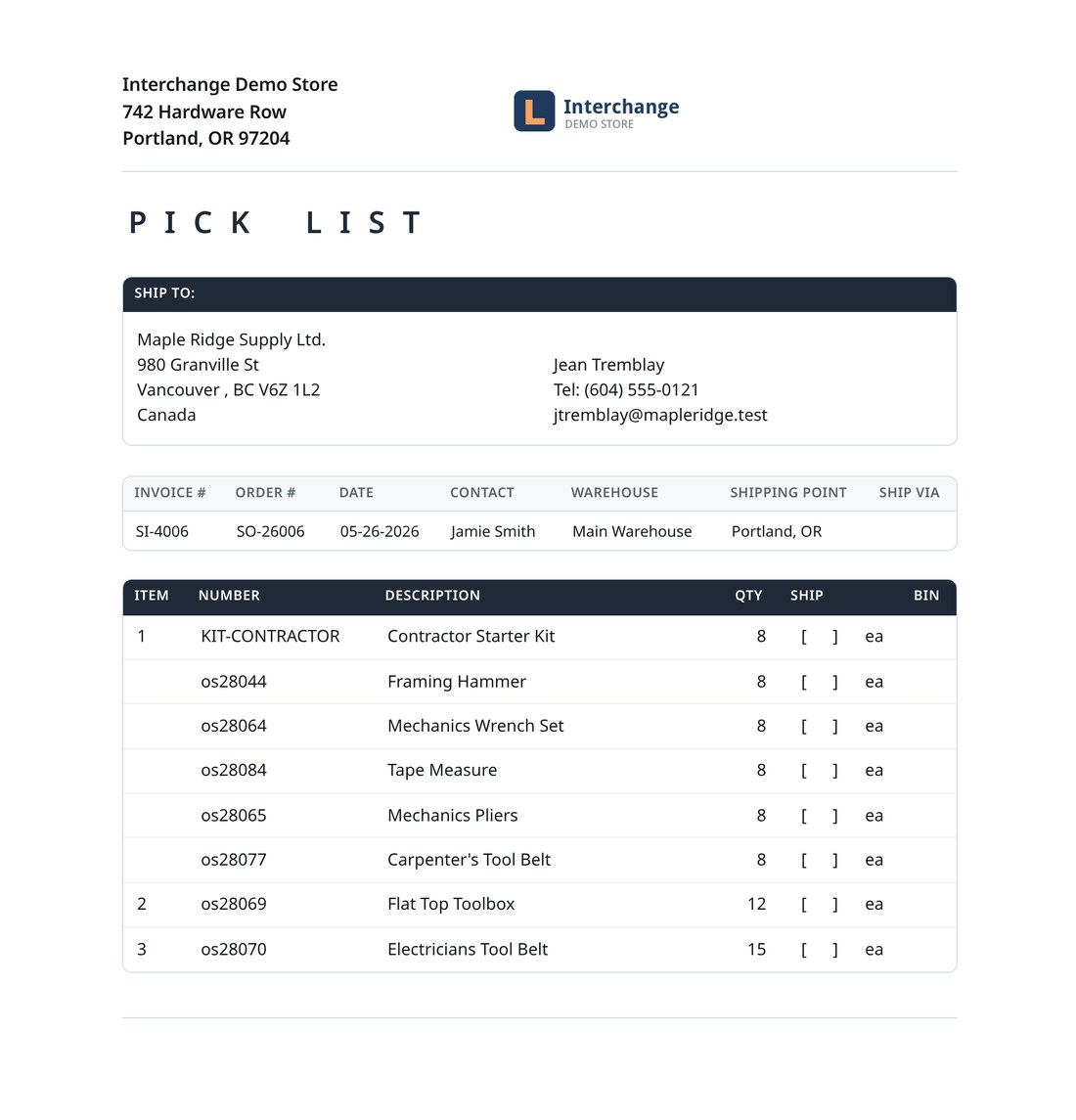 A printed pick list for the same order