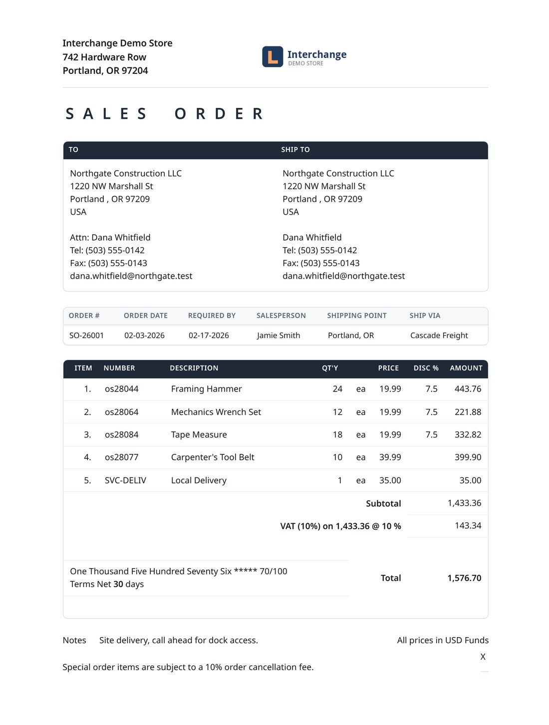 A printed order showing the VAT line