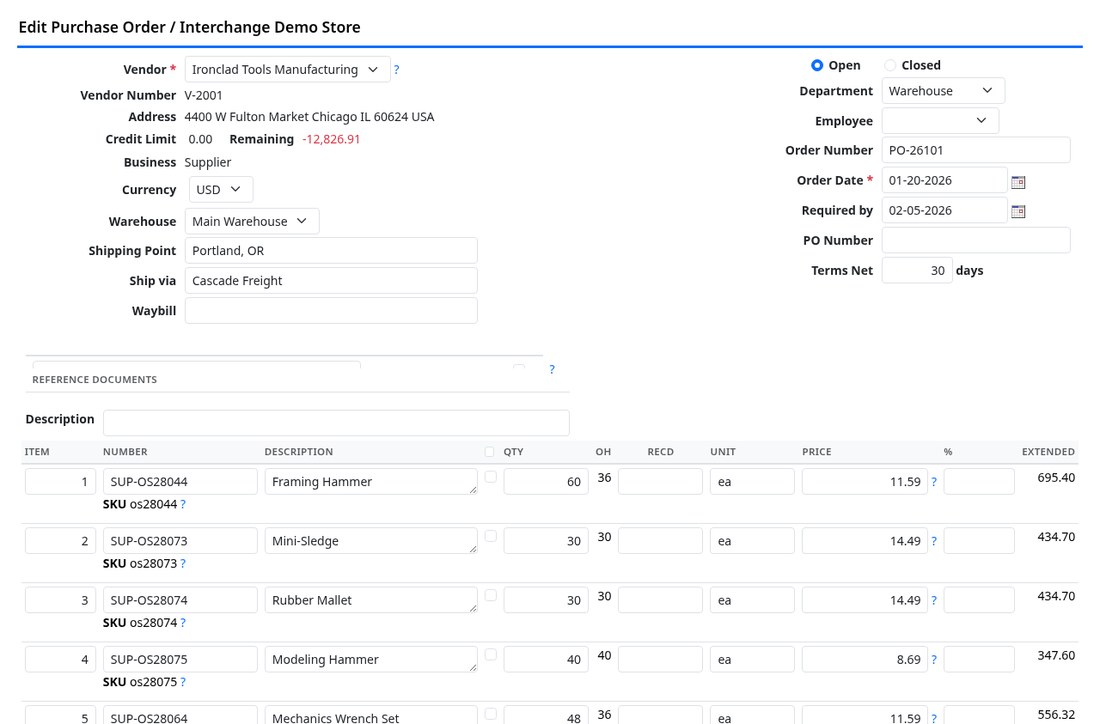 A purchase order open for editing with line items