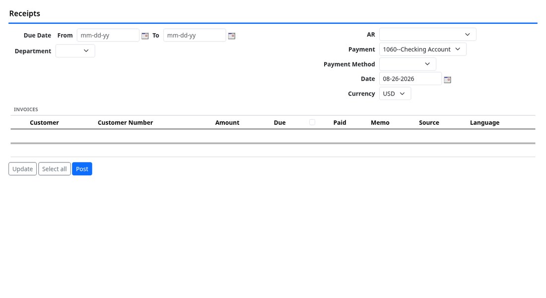 Receipts screen listing customers with open balances