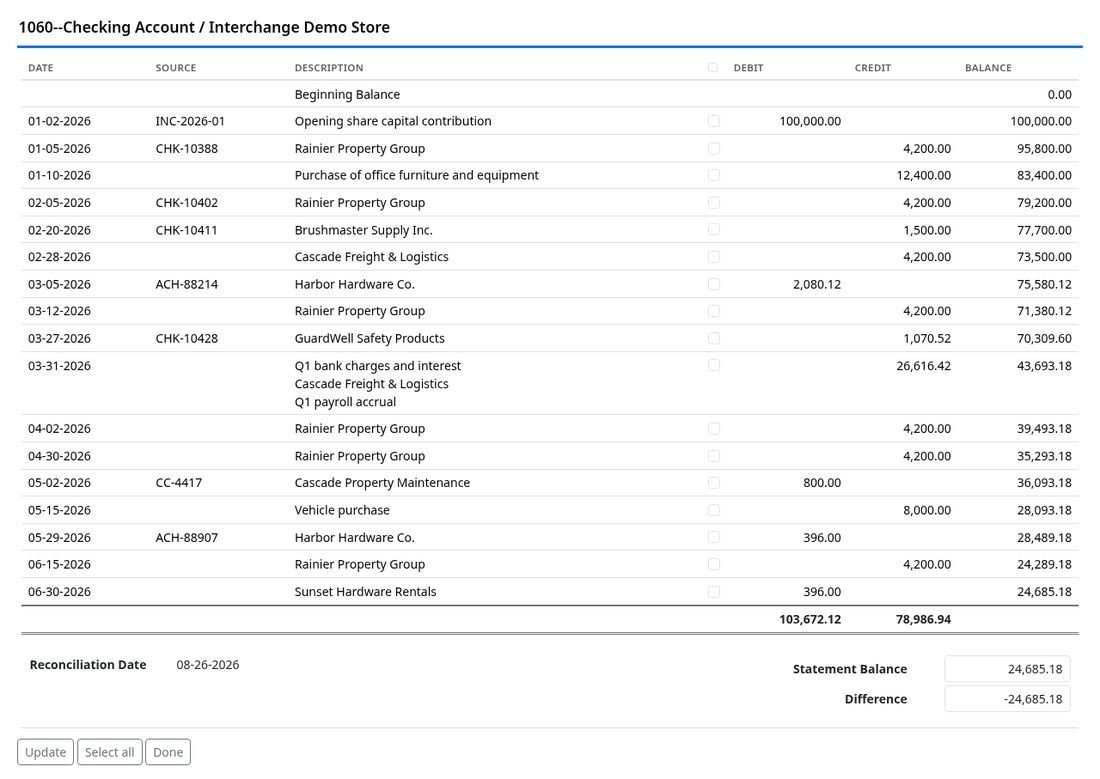 Bank reconciliation screen listing postings to the checking account with tick boxes and a statement balance