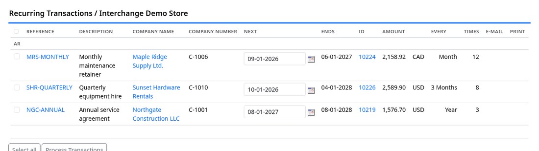 Recurring transaction list with intervals and next due dates
