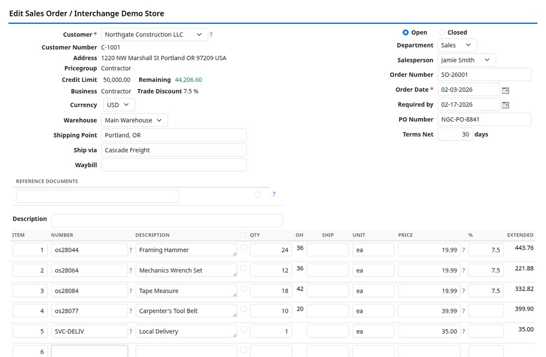 A sales order open for editing with line items and totals