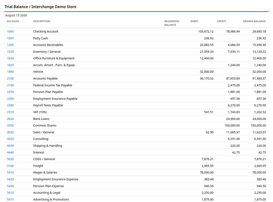 A trial balance report ready to be saved as a layout