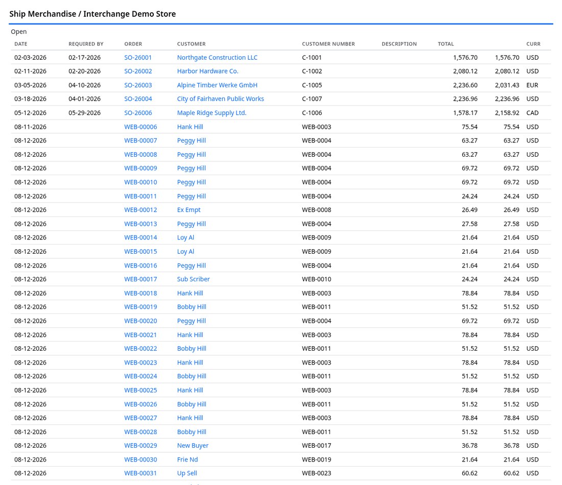 Ship merchandise screen listing open sales orders including storefront orders