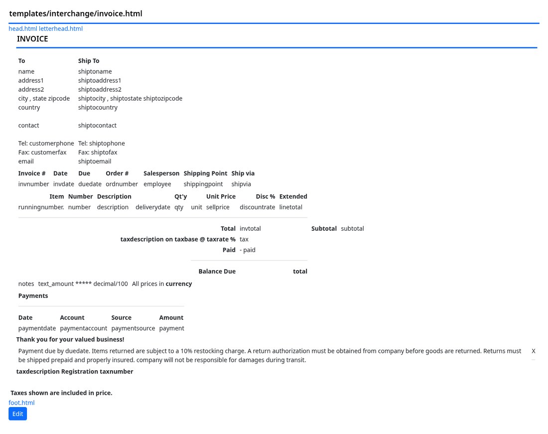 The invoice template displayed with its variable names, and an Edit button