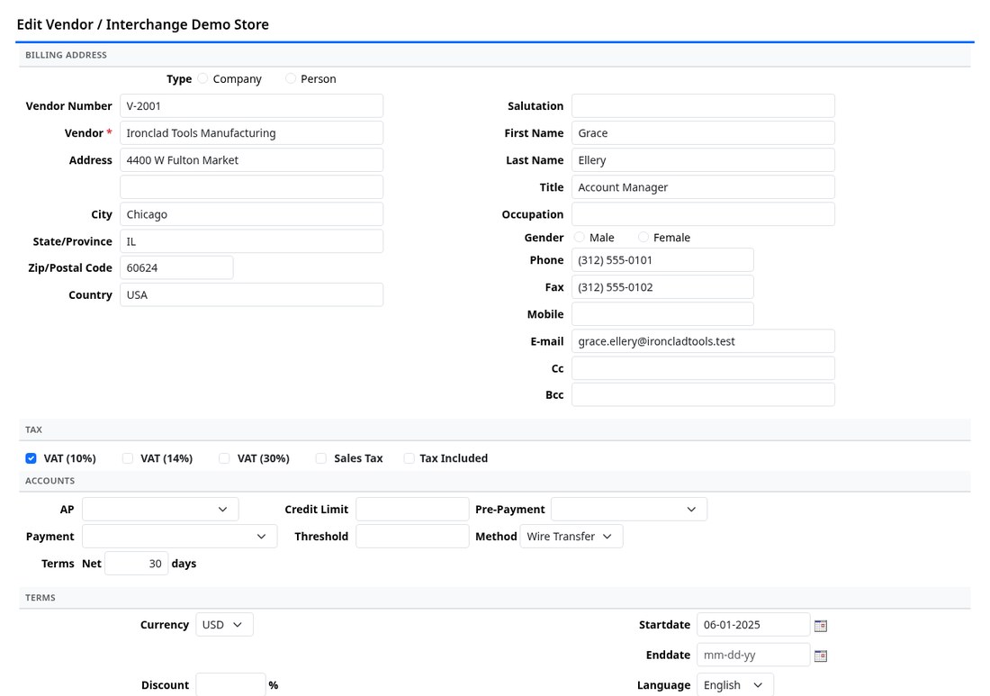 A vendor record showing tax settings