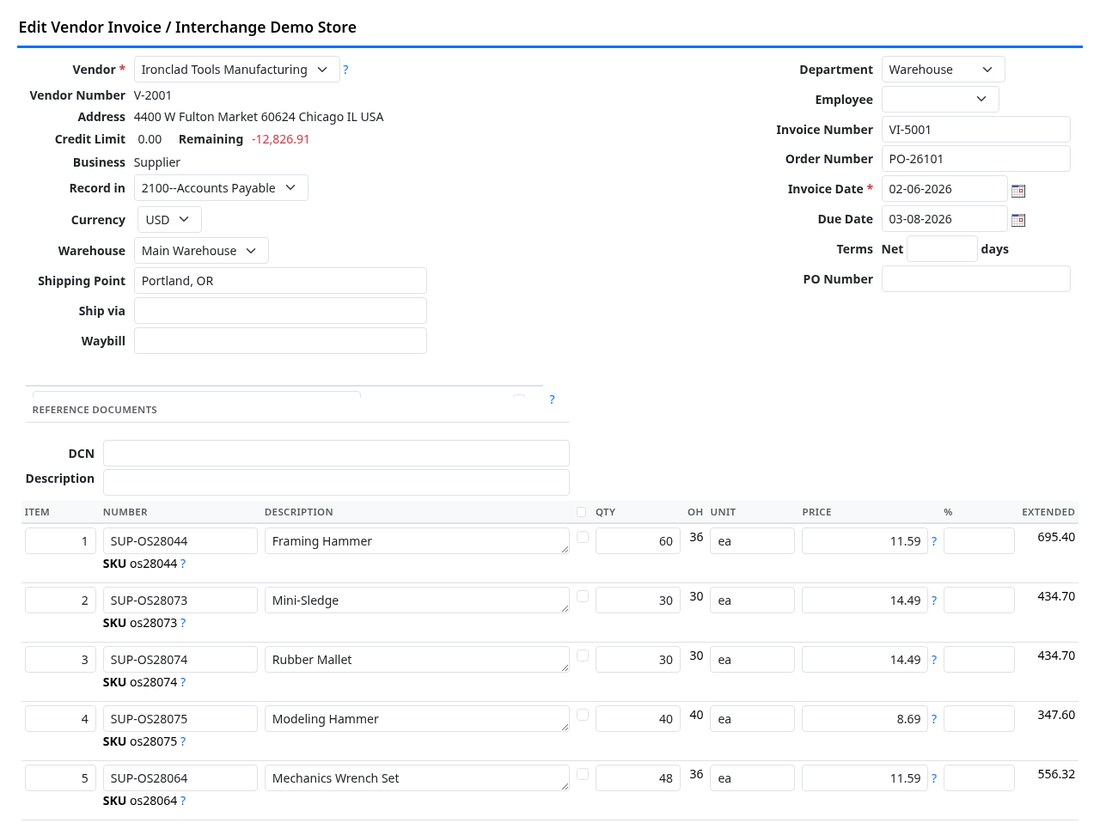 A vendor invoice open for editing with stock lines and VAT