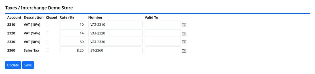 Tax codes with rates, numbers and valid-to dates