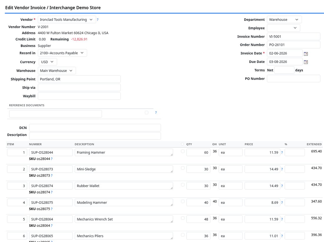 A vendor invoice with stock lines