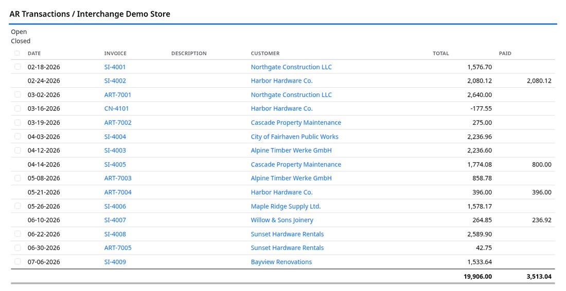 Accounts receivable transactions in Ledger123's hosted SQL-Ledger, showing invoices, customers and totals